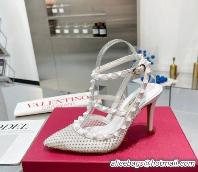 Sumptuous Valentino Rockstud Mesh Pumps with Crystals and Straps 100mm White 082812