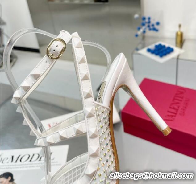 Sumptuous Valentino Rockstud Mesh Pumps with Crystals and Straps 100mm White 082812