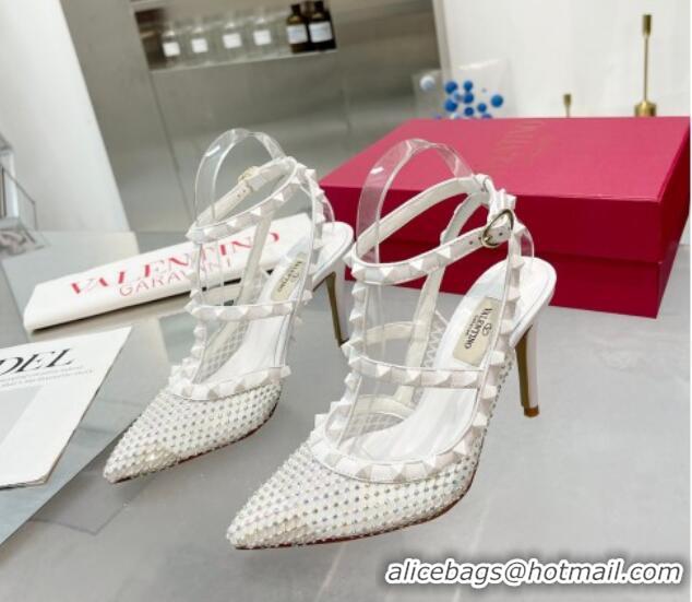 Sumptuous Valentino Rockstud Mesh Pumps with Crystals and Straps 100mm White 082812