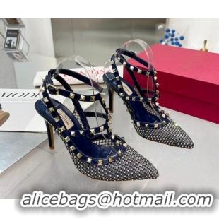 Duplicate Valentino Rockstud Mesh Pumps with Crystal and Straps 100mm Blue 082813