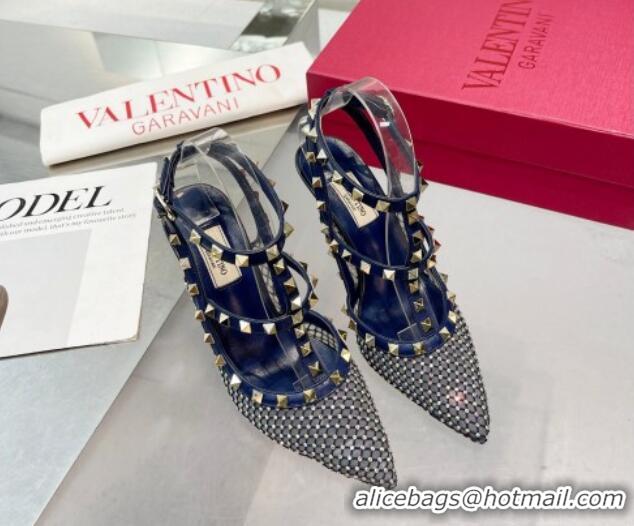 Duplicate Valentino Rockstud Mesh Pumps with Crystal and Straps 100mm Blue 082813