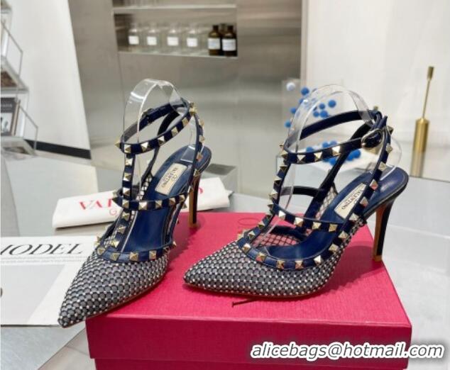 Duplicate Valentino Rockstud Mesh Pumps with Crystal and Straps 100mm Blue 082813