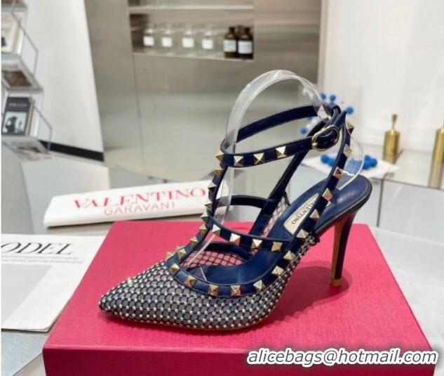 Duplicate Valentino Rockstud Mesh Pumps with Crystal and Straps 100mm Blue 082813