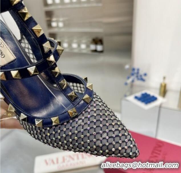 Duplicate Valentino Rockstud Mesh Pumps with Crystal and Straps 100mm Blue 082813