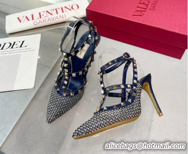 Duplicate Valentino Rockstud Mesh Pumps with Crystal and Straps 100mm Blue 082813