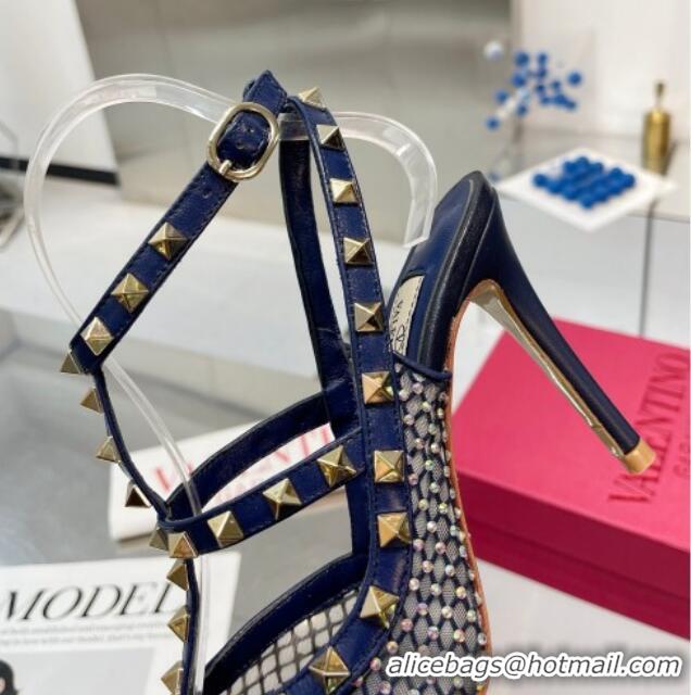 Duplicate Valentino Rockstud Mesh Pumps with Crystal and Straps 100mm Blue 082813