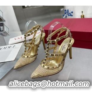 Stylish Valentino Rockstud Mesh Pumps with Crystal and Straps 100mm Gold 082814