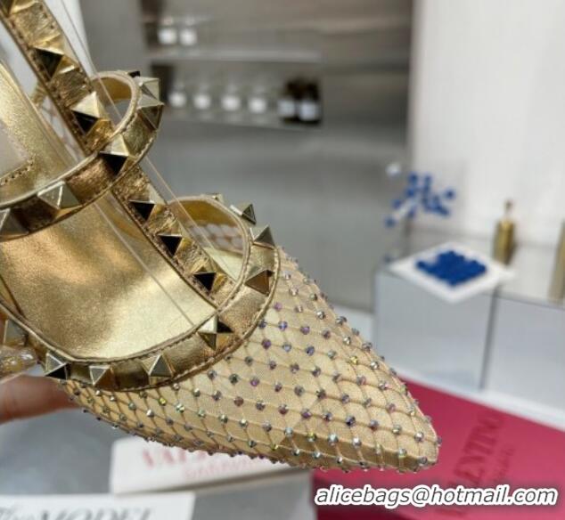 Stylish Valentino Rockstud Mesh Pumps with Crystal and Straps 100mm Gold 082814