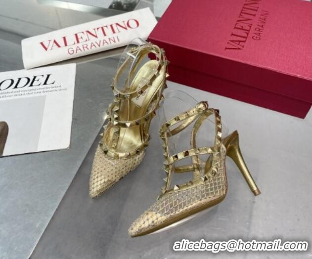 Stylish Valentino Rockstud Mesh Pumps with Crystal and Straps 100mm Gold 082814