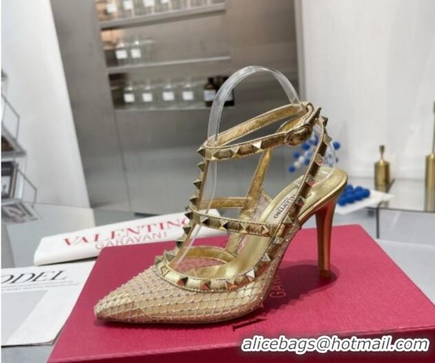 Stylish Valentino Rockstud Mesh Pumps with Crystal and Straps 100mm Gold 082814