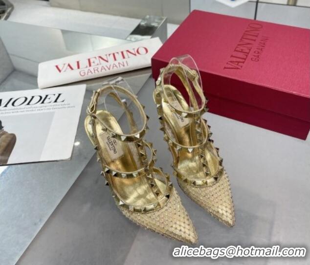 Stylish Valentino Rockstud Mesh Pumps with Crystal and Straps 100mm Gold 082814