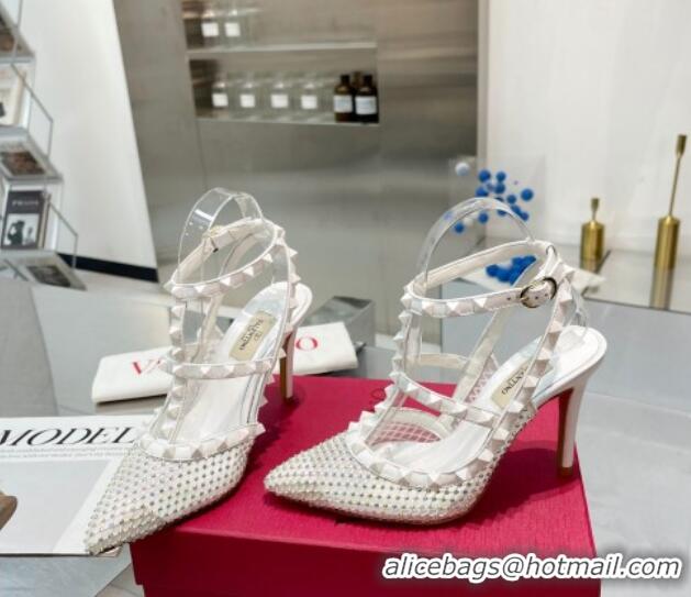 Low Price Valentino Rockstud Mesh Pumps with Crystal and Straps 100mm Silver 082815