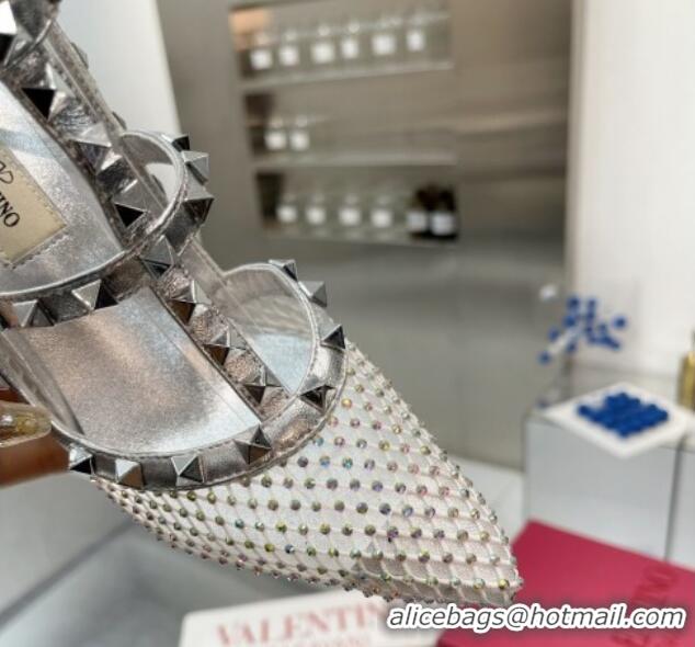 Low Price Valentino Rockstud Mesh Pumps with Crystal and Straps 100mm Silver 082815