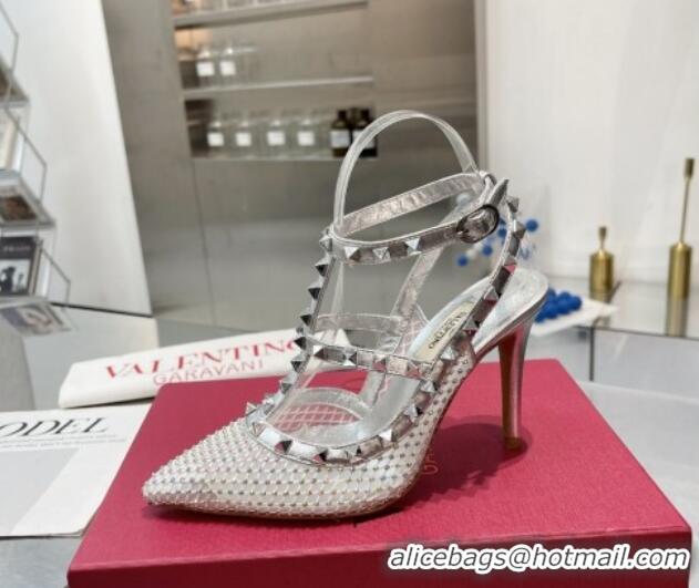 Low Price Valentino Rockstud Mesh Pumps with Crystal and Straps 100mm Silver 082815