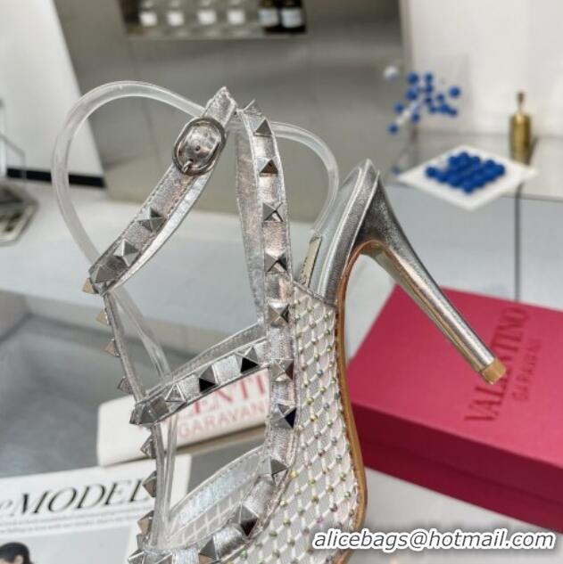 Low Price Valentino Rockstud Mesh Pumps with Crystal and Straps 100mm Silver 082815