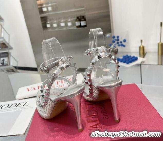 Low Price Valentino Rockstud Mesh Pumps with Crystal and Straps 100mm Silver 082815