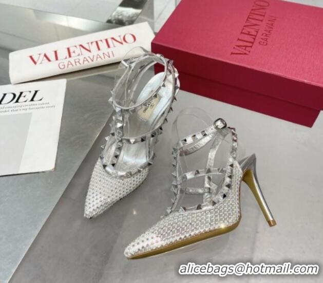 Low Price Valentino Rockstud Mesh Pumps with Crystal and Straps 100mm Silver 082815