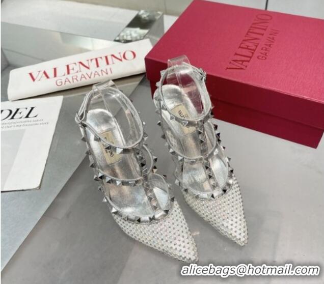 Low Price Valentino Rockstud Mesh Pumps with Crystal and Straps 100mm Silver 082815