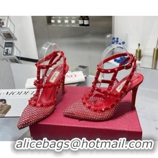 Hot Style Valentino Rockstud Mesh Pumps with Crystal and Straps 100mm Red 082816