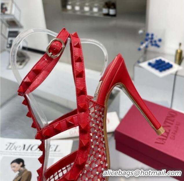 Hot Style Valentino Rockstud Mesh Pumps with Crystal and Straps 100mm Red 082816