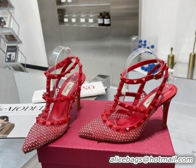 Hot Style Valentino Rockstud Mesh Pumps with Crystal and Straps 100mm Red 082816