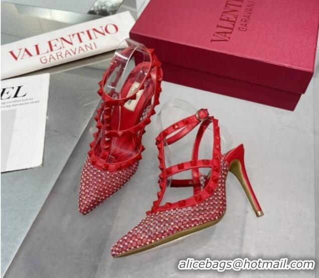 Hot Style Valentino Rockstud Mesh Pumps with Crystal and Straps 100mm Red 082816