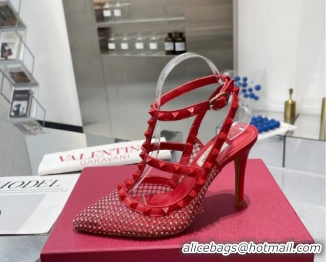 Hot Style Valentino Rockstud Mesh Pumps with Crystal and Straps 100mm Red 082816