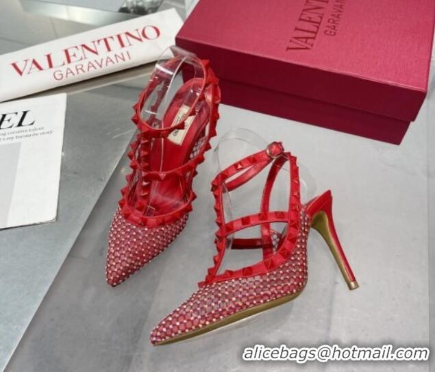 Hot Style Valentino Rockstud Mesh Pumps with Crystal and Straps 100mm Red 082816