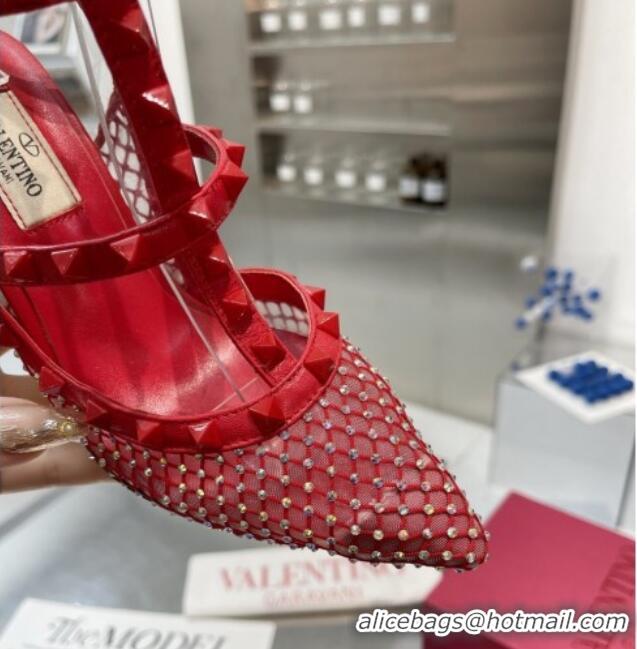 Hot Style Valentino Rockstud Mesh Pumps with Crystal and Straps 100mm Red 082816