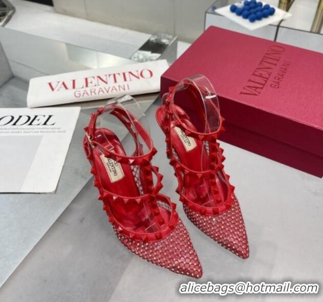 Hot Style Valentino Rockstud Mesh Pumps with Crystal and Straps 100mm Red 082816