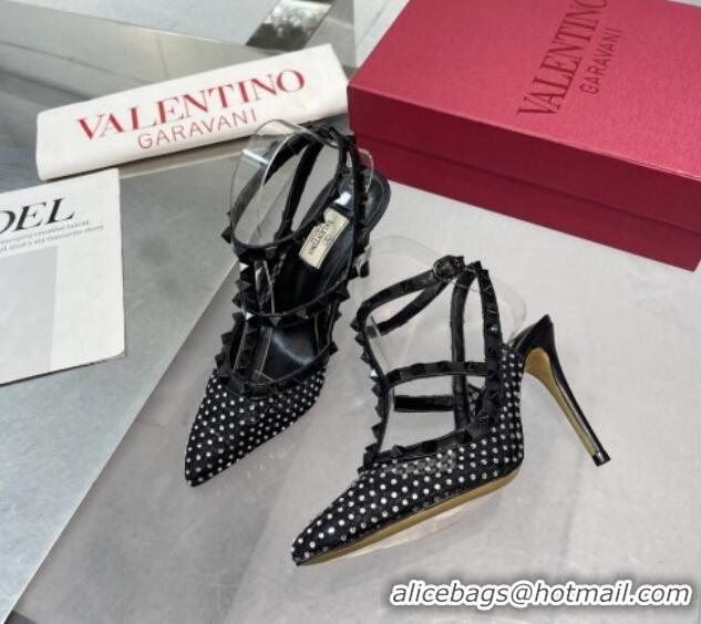 Grade Quality Valentino Rockstud Mesh Pumps with Crystal and Straps 100mm Black 082818