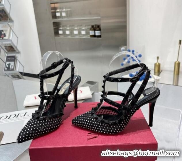 Grade Quality Valentino Rockstud Mesh Pumps with Crystal and Straps 100mm Black 082818