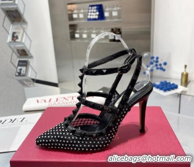 Grade Quality Valentino Rockstud Mesh Pumps with Crystal and Straps 100mm Black 082818