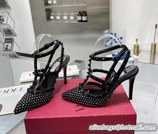 Grade Quality Valentino Rockstud Mesh Pumps with Crystal and Straps 100mm Black 082818