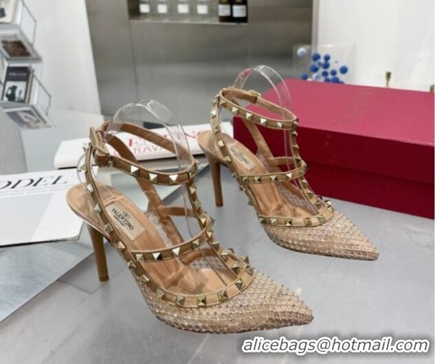 Perfect Valentino Rockstud Mesh Pumps with Crystal and Straps 100mm Beige 082817