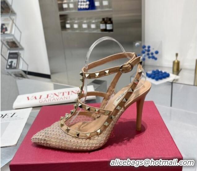 Perfect Valentino Rockstud Mesh Pumps with Crystal and Straps 100mm Beige 082817