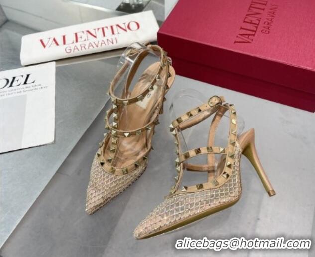 Perfect Valentino Rockstud Mesh Pumps with Crystal and Straps 100mm Beige 082817