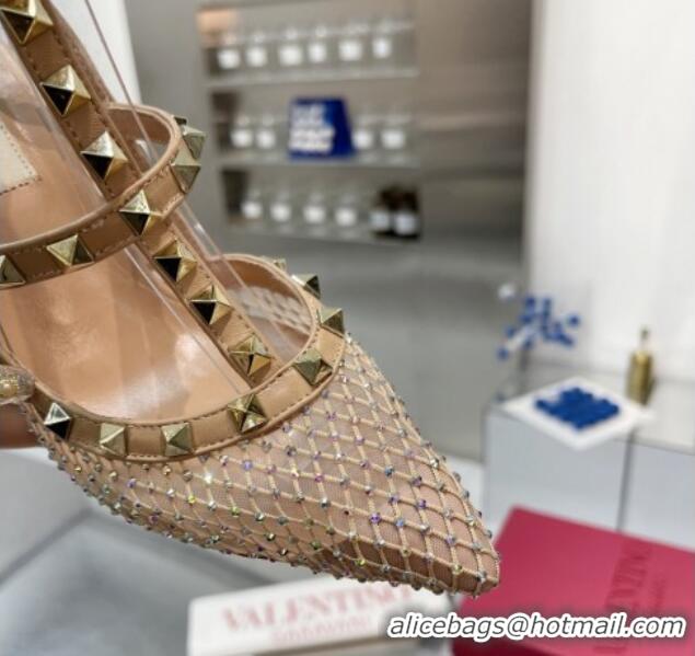 Perfect Valentino Rockstud Mesh Pumps with Crystal and Straps 100mm Beige 082817