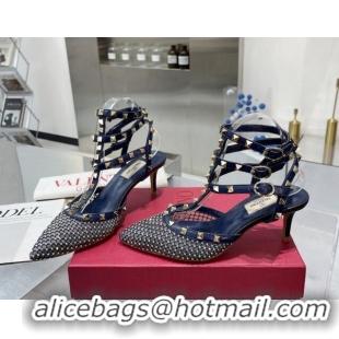 Classic Hot Valentino Rockstud Mesh Pumps with Crystal and Straps 65mm Blue 082819