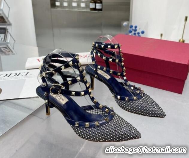 Classic Hot Valentino Rockstud Mesh Pumps with Crystal and Straps 65mm Blue 082819