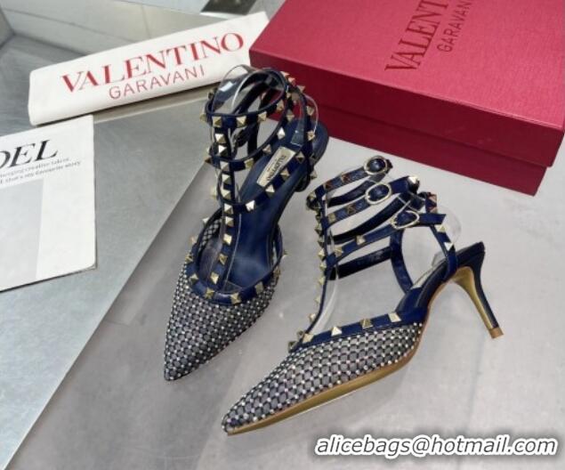 Classic Hot Valentino Rockstud Mesh Pumps with Crystal and Straps 65mm Blue 082819