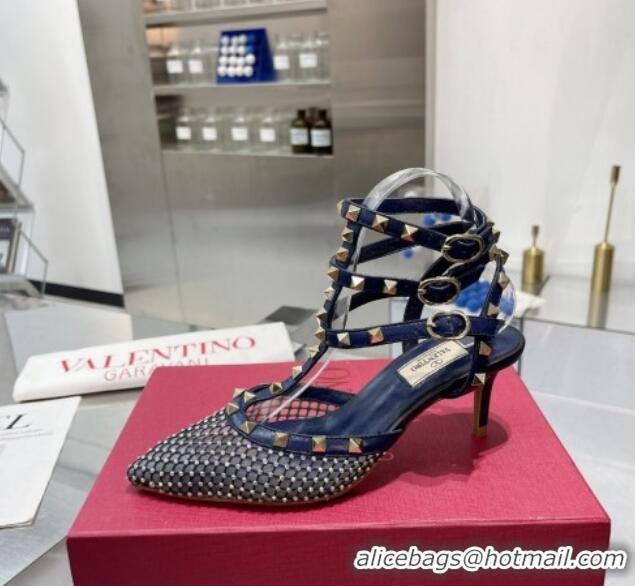 Classic Hot Valentino Rockstud Mesh Pumps with Crystal and Straps 65mm Blue 082819