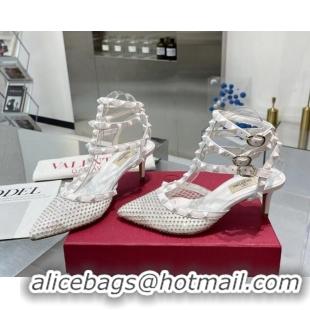 Good Quality Valentino Rockstud Mesh Pumps with Crystal and Straps 65mm White 082820