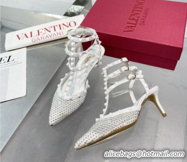 Good Quality Valentino Rockstud Mesh Pumps with Crystal and Straps 65mm White 082820