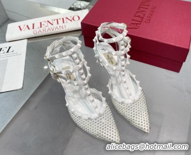 Good Quality Valentino Rockstud Mesh Pumps with Crystal and Straps 65mm White 082820