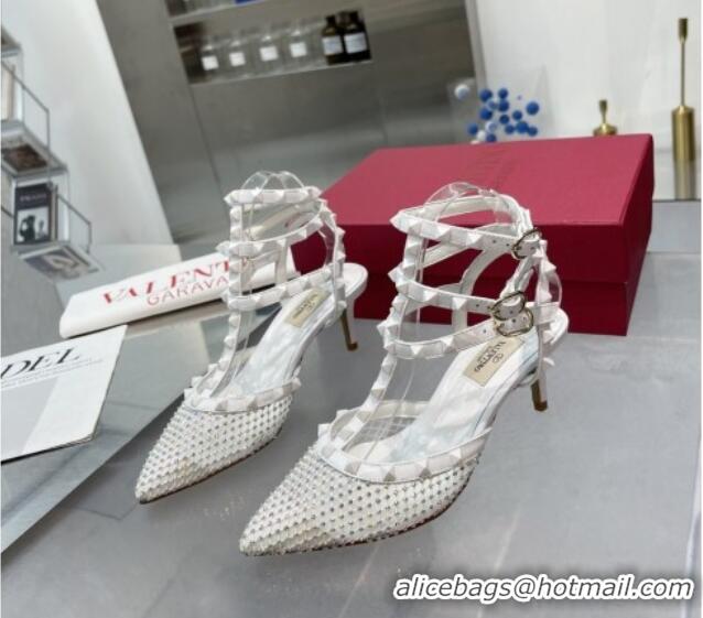 Good Quality Valentino Rockstud Mesh Pumps with Crystal and Straps 65mm White 082820