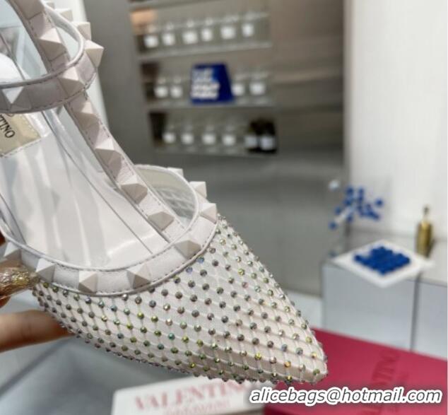 Good Quality Valentino Rockstud Mesh Pumps with Crystal and Straps 65mm White 082820