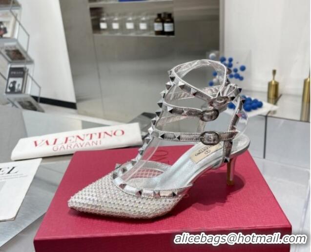 Buy Luxury Valentino Rockstud Mesh Pumps with Crystal and Straps 65mm Silver 082821