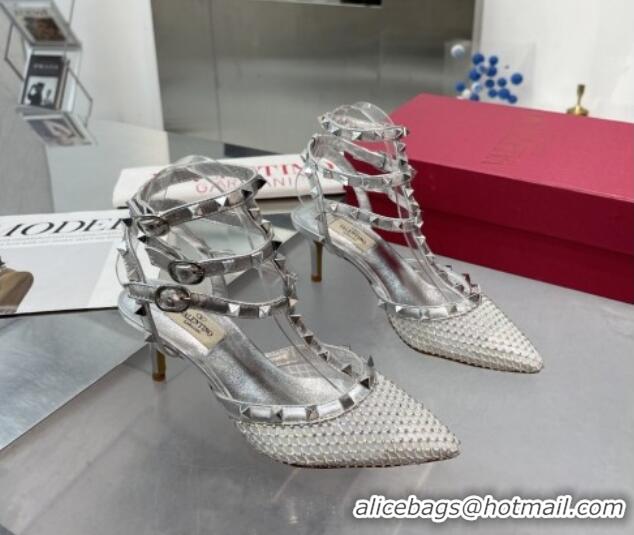 Buy Luxury Valentino Rockstud Mesh Pumps with Crystal and Straps 65mm Silver 082821