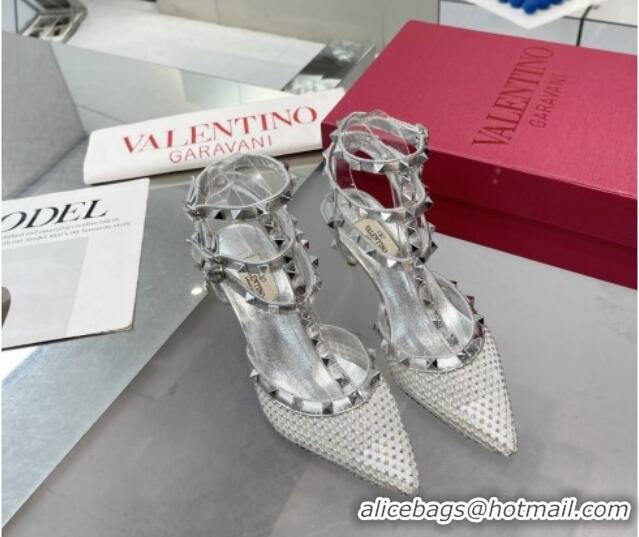 Buy Luxury Valentino Rockstud Mesh Pumps with Crystal and Straps 65mm Silver 082821